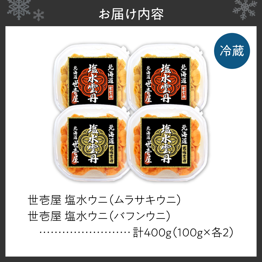 【先行予約】北海道産　世壱屋塩水ウニ（ムラサキウニ＆バフンウニ）各200g ｜うに 海鮮 魚介 無添加 セット 食べ比べ 北海道 札幌市