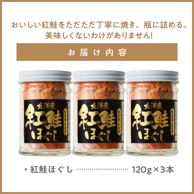 函館朝市　弥生水産　無添加・自家製　紅鮭ほぐし　１２０ｇ×３本_HD032-001