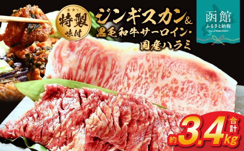 味付けジンギスカン２種類と味付け肉の詰め合わせセット【黒毛和牛サーロインステーキ・国産ハラミ】_HD048-001