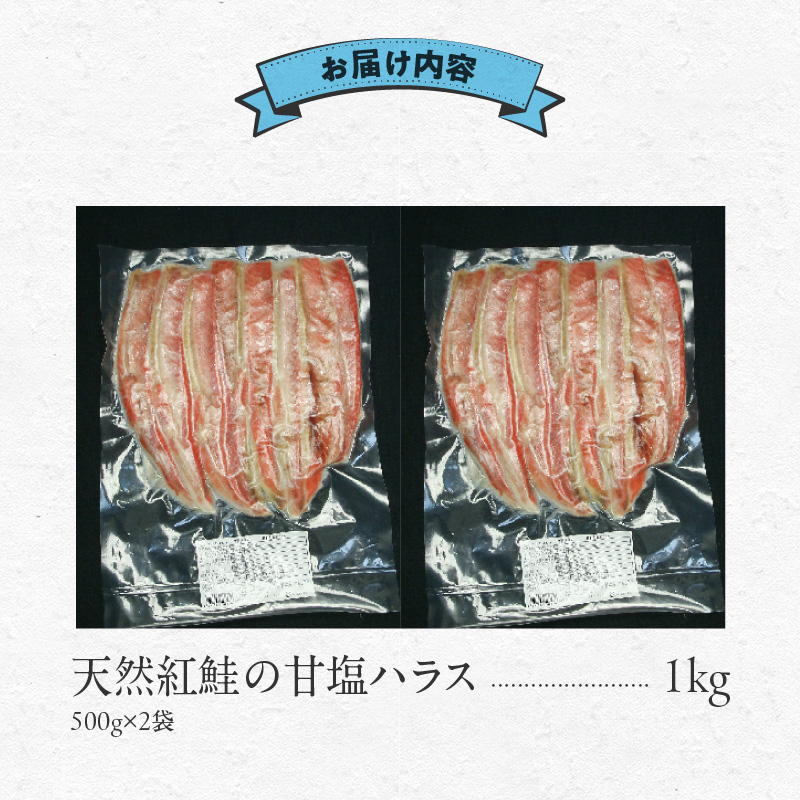 天然紅鮭 甘塩ハラス 500g×2袋 計1kg セット ロシア水揚げ 天然紅鮭 鮭 サーモン ハラス 切り身 真空パック 焼き魚 おかず おつまみ 酒の肴 冷凍 魚介 お取り寄せ 北海道 函館市 送料無料_HD151-008