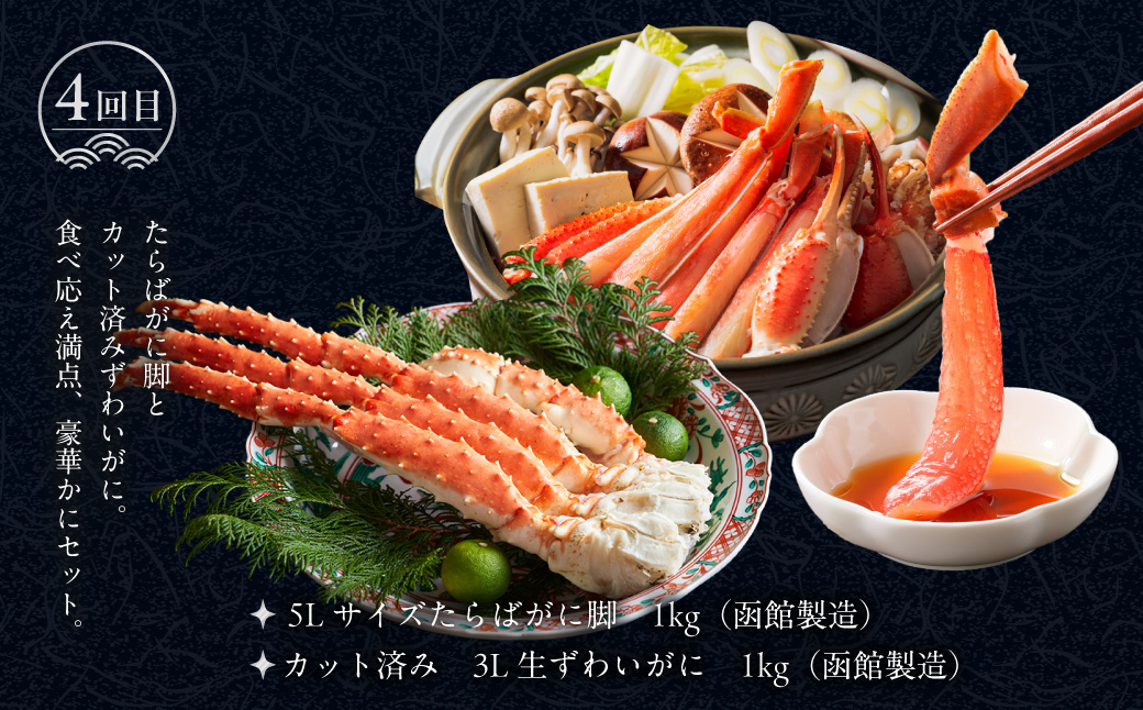 はこだて海の幸定期便 25万円（全4回）厳選 海の恵み いくら 紅鮭 鮭フレーク とろサーモン昆布 正油漬 塩だれ いかそうめん 松前漬 天然 本まぐろ 赤身 中トロ 大トロ 蟹 5L たらばがに脚 タラバ 生ずわいがに 朝市 海産物 月替り 堪能 お取り寄せ 北海道 函館市 送料無料_HS001-013