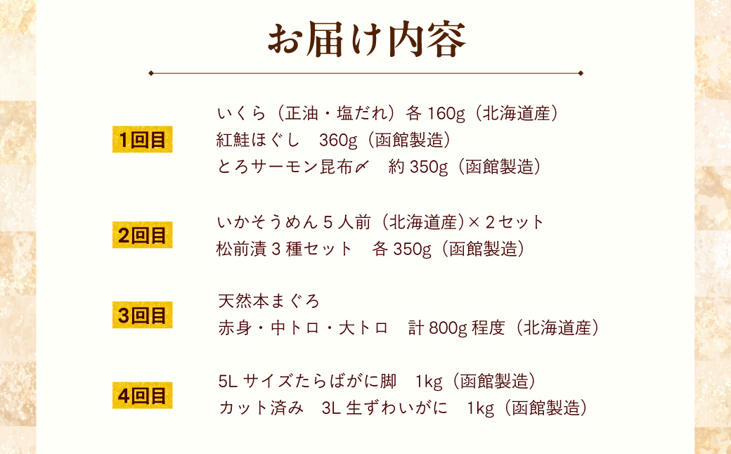 はこだて海の幸定期便 25万円（全4回）厳選 海の恵み いくら 紅鮭 鮭フレーク とろサーモン昆布 正油漬 塩だれ いかそうめん 松前漬 天然 本まぐろ 赤身 中トロ 大トロ 蟹 5L たらばがに脚 タラバ 生ずわいがに 朝市 海産物 月替り 堪能 お取り寄せ 北海道 函館市 送料無料_HS001-013