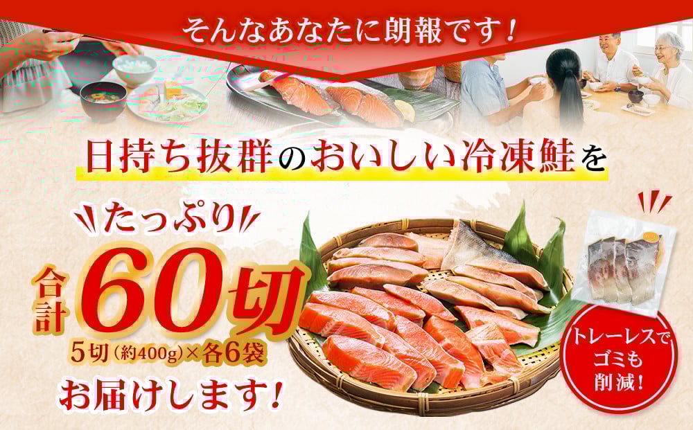 甘塩紅鮭切身・秋鮭切身 各5切(約400g)×6袋 合計60切(約4.8kg)