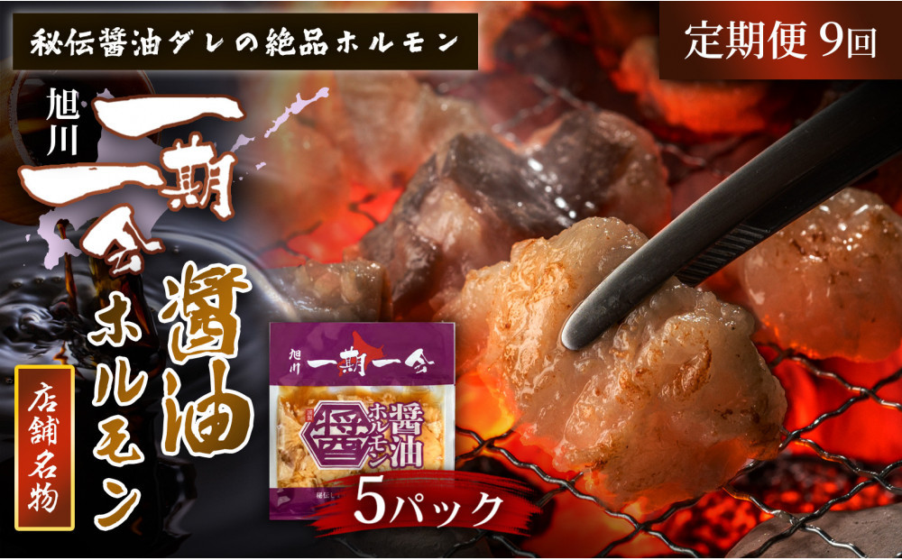 【定期便】名物 醤油ホルモン 冷凍 炭焼あぶりや 一期一会 秘伝ダレ豚ホルモン 5パック×9ヶ月毎月発送_05486