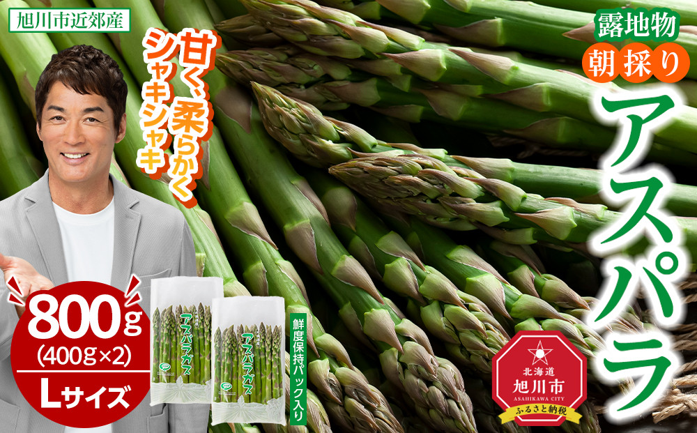 【2026年先行予約】露地物朝採りアスパラ　鮮度保持フィルム入り　Lサイズ　400g×2　合計800g(5月中旬発送開始予定) 【 アスパラ アスパラガス 朝採り とれたて 野菜 旬 小分け 保存 産直 産地直送 お取り寄せ 旭川市 北海道 】_03818