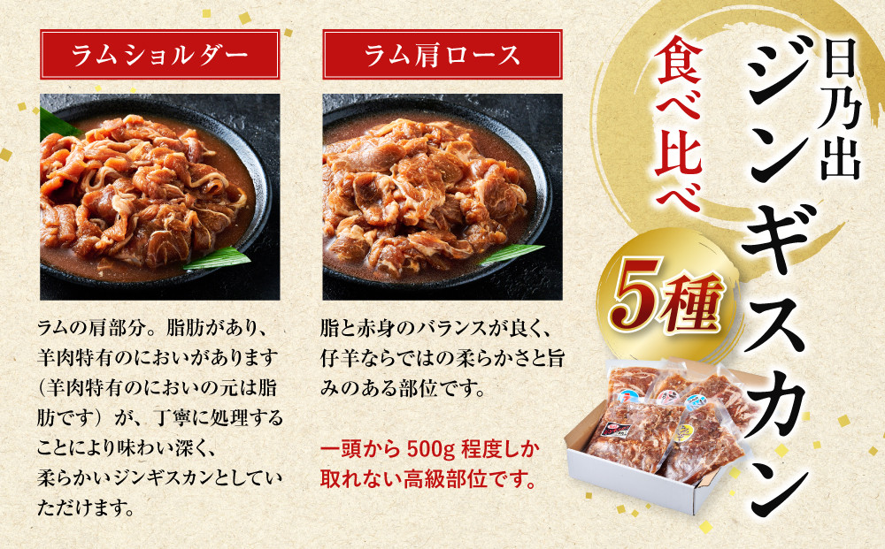 日乃出ジンギスカン食べ比べ5種【2kg】セット【 羊肉 焼肉 肉 焼き肉 小分け 焼肉用 焼肉セット ラム マトン ロース 肩ロース モモ お肉 やきにく ラム肉 高評価 大容量 ランキング 大人気 詰合せ 詰め合わせ タレ 味付け 小分け 個包装 人気 食べくらべ 旭川市 BBQ バーベキュー 簡単調理 冷凍 北海道 キャンプ アウトドア 】_04440