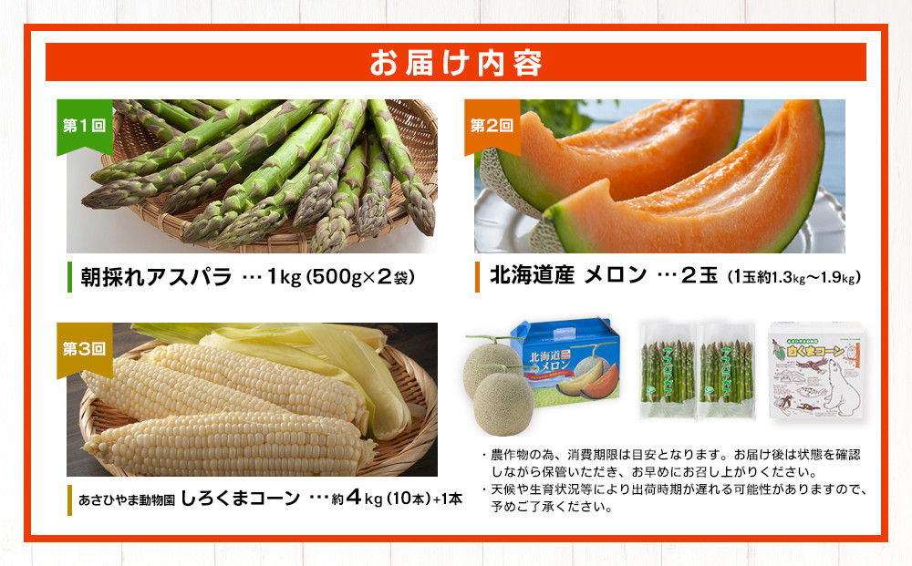 【26年5月発送開始】かに太郎 定期便Bセット（アスパラ、赤肉メロン、白くまコーン）全3回 _01597