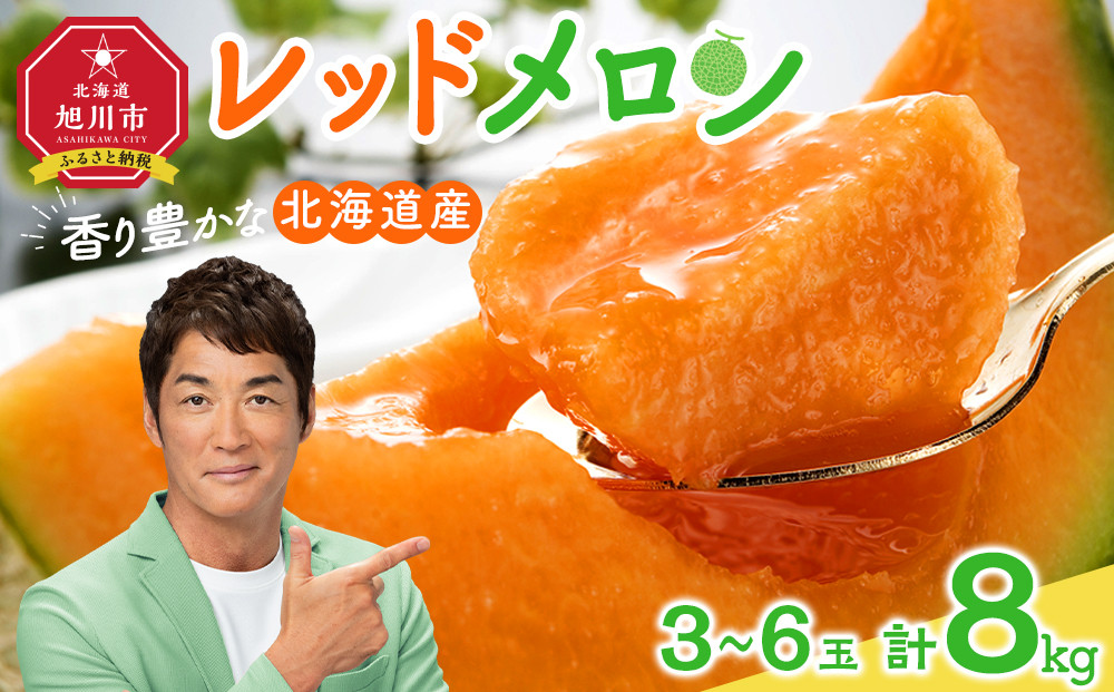 【26年発送先行予約】香り豊かな 北海道レッドメロン 8kg（3玉～6玉）(2026年7月下旬から発送開始予定) 【 果物 くだもの フルーツ メロン 赤肉 赤肉メロン 旬 お取り寄せ 甘い 北海道産 旭川市 北海道 】_05413