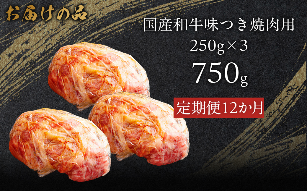 【12か月定期便】国産和牛味つき焼肉用 750g (250g×3) MROBM016