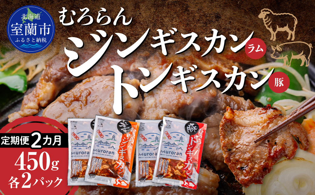 【2カ月定期便】むろらん ジンギスカン（ラム）トンギスカン（豚）450g×各2パック MROBA017