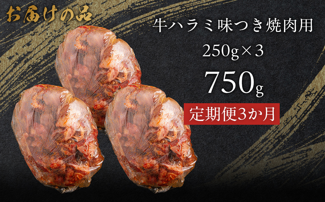 【3か月定期便】牛ハラミ味つき焼肉用 750g (250g×3) MROBM044