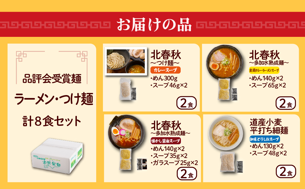 【品評会受賞麺】ラーメン・つけ麺 計８食セット(カレーつけ麺２食、室蘭カレーラーメン２食、懐かし醤油ラーメン２食、知床どりしおラーメン２食) MROV038
