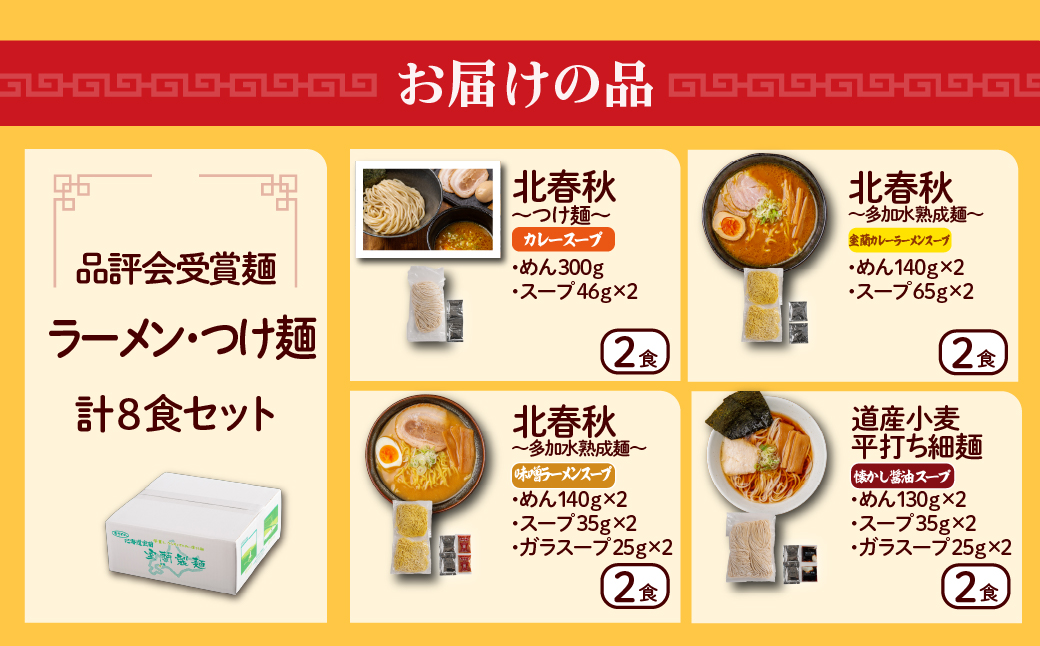 【品評会受賞麺】ラーメン・つけ麺計 ８食セット(カレーつけ麺２食、懐かし醤油ラーメン２食、味噌ラーメン２食、知床どりしおラーメン２食) MROV040