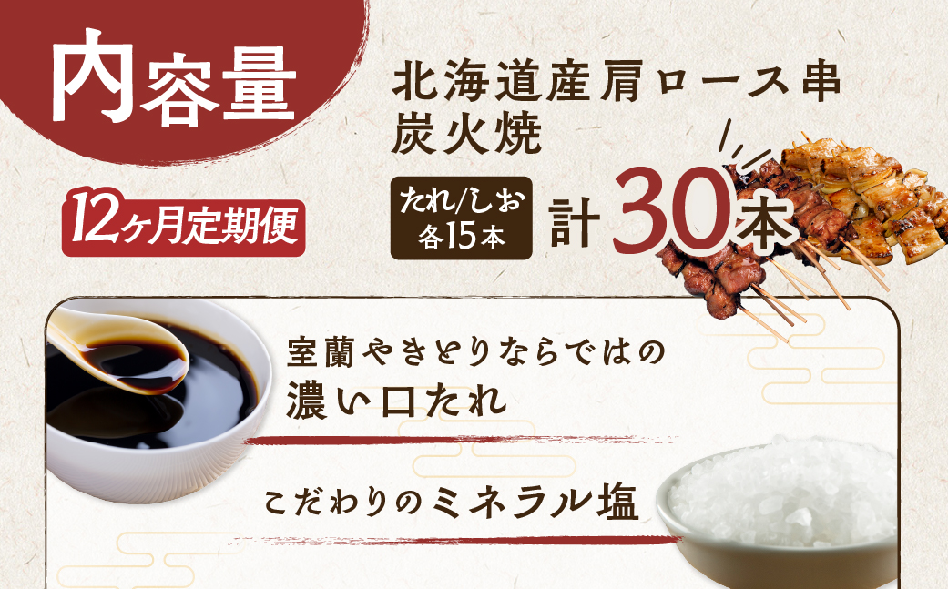 12ヵ月 定期便 室蘭やきとり たれ焼き15本 しお焼き15本 焼き鳥 MROA033