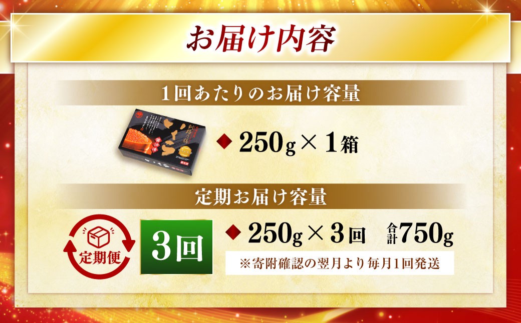 【3ヶ月定期便】  新物 北海道産いくらしょう油漬250g 笹谷商店 小分け パック 醤油漬け 海鮮 海鮮丼 イクラ丼 醤油たれ 冷凍 魚卵 魚介類 グルメ 北海道 釧路市