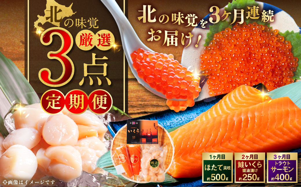 【3か月定期便】北の味覚海鮮3点定期便 いくら250g サーモン400g ほたて500g 海鮮丼 セット 鮭 シャケ サケ 魚卵 海鮮 海鮮セット 海鮮醤油漬 刺身 福袋 定期便 頒布会 3か月 3回