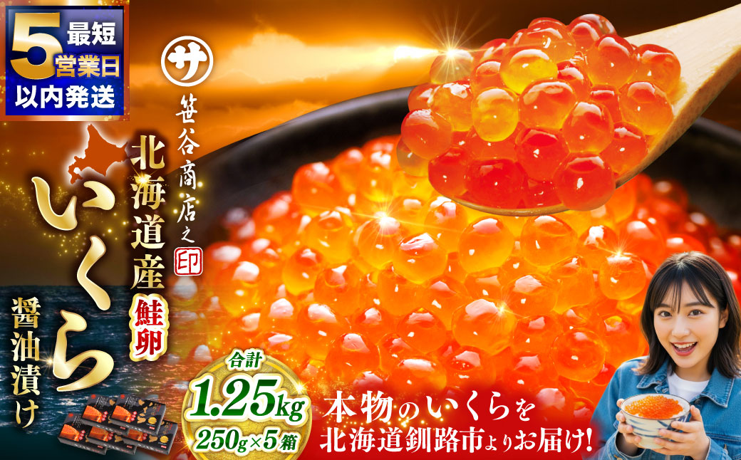 【5営業日以内発送】笹谷商店 北海道産 いくら イクラ (鮭) 250g×5箱 1.25kg 1,250g魚 醤油漬け 海鮮醤油漬け 海鮮 海鮮丼 ギフト 冷凍 魚卵 魚介類 しょう油漬 ご飯のお供