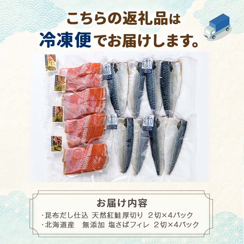 昆布だし仕込 天然紅鮭厚切り8切＆北海道産 無添加 塩さばフィレ8枚＜釧之助 ご飯に合うおかずの定番＞ 北海道 笹谷商店 釧之助 無添加 天然 甘塩 塩分控えめ 昆布紅 利尻昆布使用 F4F-4257