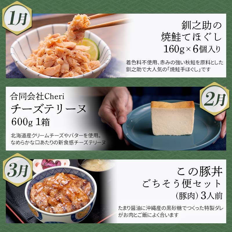 【 定期便 12か月 】釧路市 を感じる定期便 鮭 保存食 スイーツ 豚丼 牛 ステーキ うに ウニ 雲丹 肉 コーヒー たらこ ホタテ いくら 数の子 魚卵 頒布会 セット F4F-4295