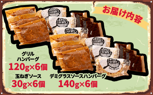玉ねぎ・デミグラスソース2種ソース食べくらべグリルハンバーグステーキ 各6食セット【配送不可地域：離島】【1673142】