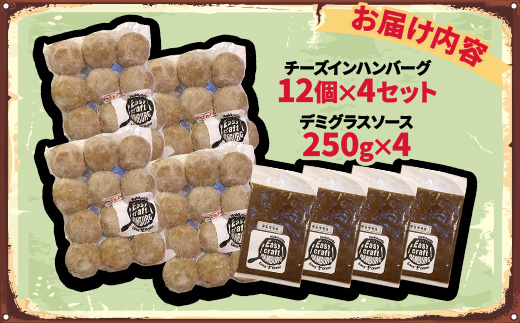 チーズ in 生ハンバーグ 12個×4セット+デミグラスソース250g×4【配送不可地域：離島】【1673885】