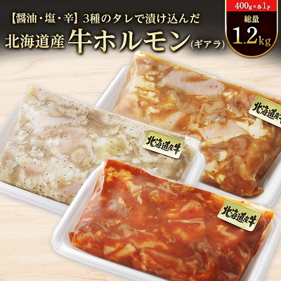 3種のタレで漬け込んだ北海道産牛ホルモン(ギアラ)【醤油・塩・辛】400g×各1P 総量1.2kg【配送不可地域：離島】【1244262】