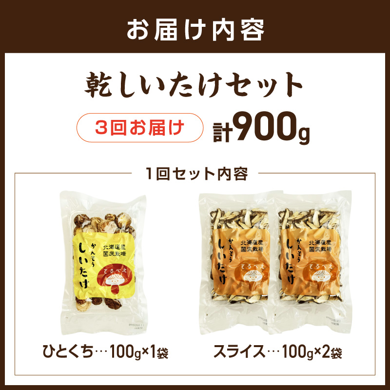 【3ヶ月定期便】北海道産 菌床栽培 乾燥椎茸セット 丸干し1袋・スライス2袋 ( 野菜 きのこ キノコ 椎茸 しいたけ シイタケ 乾物 セット 定期便 )【999-0217】