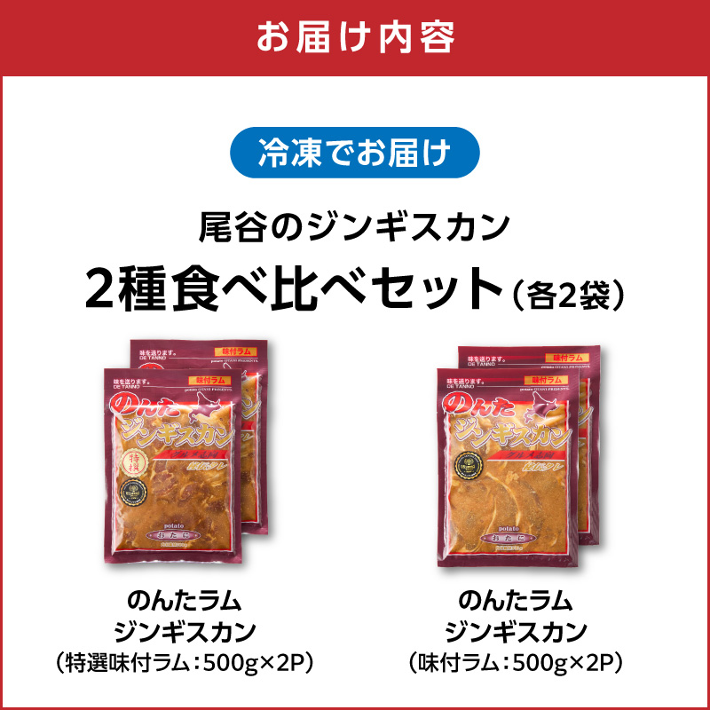 尾谷のラムジンギスカン食べ比べ 各500g×2袋セット ( ジンギスカン ラム 味付き セット )【045-0021】