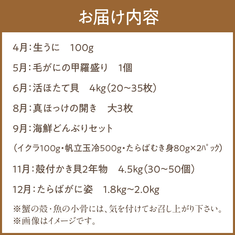 【全7回定期便】オホーツク海・サロマ湖で水揚げされた「旬」の魚介が届く！わくわく定期便 ( ウニ 毛ガニ 甲羅盛り ほたて ホタテ 真ほっけ 海鮮丼 カキ たらばがに 定期便 魚介 北の味覚 )【999-0197】