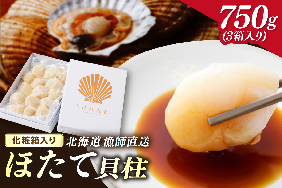 北海道漁師直送 最高鮮度3D冷凍ホタテ「しばれホタテ」 化粧箱入り 250g×3箱 ( 海鮮 魚介 魚介類 貝 ほたて 刺身 貝柱 海鮮丼 贈答 ギフト )【197-0005】