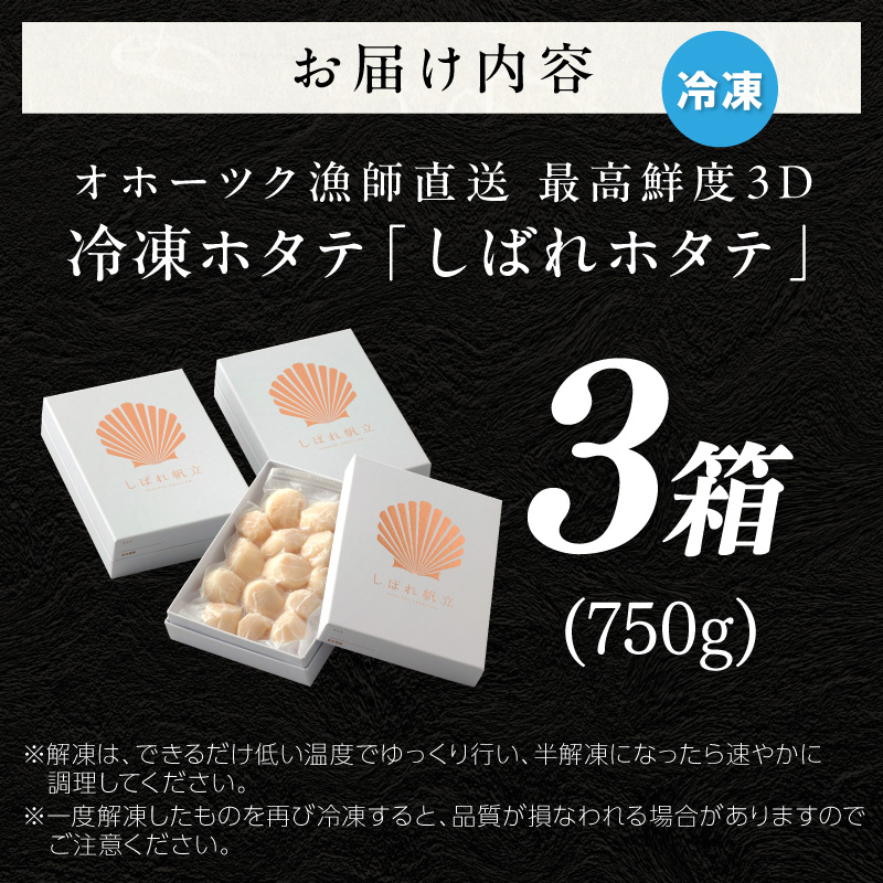 【予約：2026年10月下旬から順次発送】北海道漁師直送 最高鮮度3D冷凍ホタテ「しばれホタテ」 化粧箱入り 250g×3箱 ( 海鮮 魚介 魚介類 貝 ほたて 刺身 貝柱 海鮮丼 贈答 ギフト )【197-0005-2026】