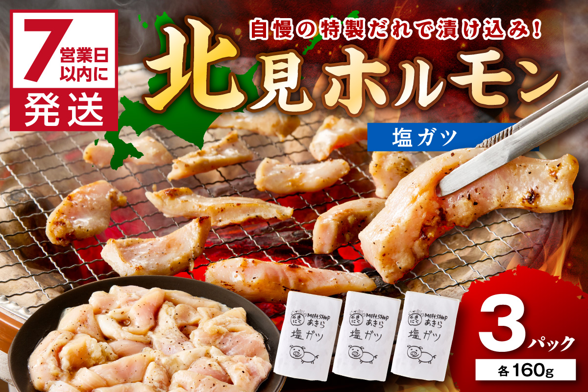 《7営業日以内に発送》あきら特製塩ガツ 160g×3パック ( 焼肉 ホルモン 肉 にく 塩 )【205-0004】