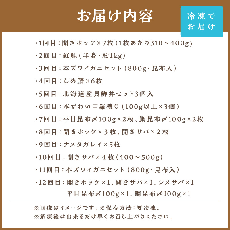 【12ヶ月定期便】 海物語～北見からの贈り物～ ( 海鮮 ホッケ カニ さけ かに 魚 甲羅盛り しめ鯖 海鮮丼 貝 ほたて ホタテ つぶ貝 ウニ 鯖 さば カレイ 昆布 )【999-0100】