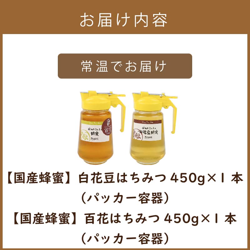 《14営業日以内に発送》【国産蜂蜜】はちみつ450g パッカー容器2本 ( 白花豆蜂蜜　百花蜂蜜 はちみつ 蜂蜜 ハチミツ ハニー パッカー容器 )【022-0007】