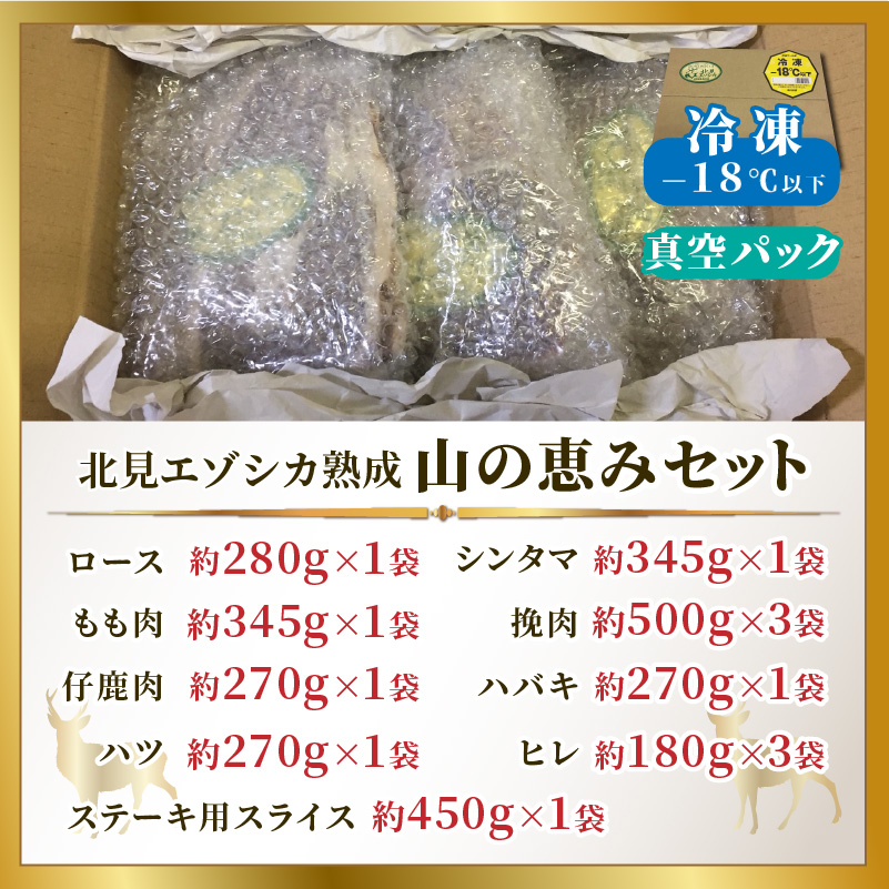 北見エゾシカ 熟成肉山の恵みセット ( 肉類 肉 国産 鹿肉 熟成 セット 詰め合わせ 骨付き ロース しんたま 内もも ステーキカット肉 ハバキカット ハツ ヒレ ステーキ用スライス )【025-0030】