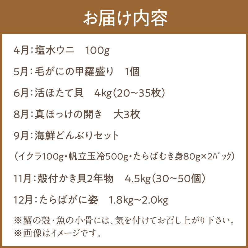 【全7回定期便】オホーツク海・サロマ湖で水揚げされた「旬」の魚介が届く！わくわく定期便 ( ウニ 毛ガニ 甲羅盛り ほたて ホタテ 真ほっけ 海鮮丼 カキ たらばがに 定期便 魚介 北の味覚 )【999-0156】