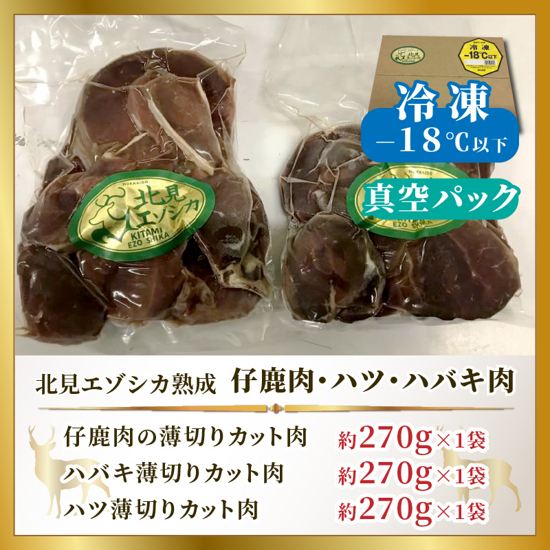 北見エゾシカ熟成 ドライエイジング 仔鹿肉・ハツ・ハバキ肉 薄切りカット肉 約810g ( エゾシカ肉 鹿 シカ しか 熟成肉 エゾシカ 蝦夷鹿 ジビエ お肉 肉 )【025-0044】