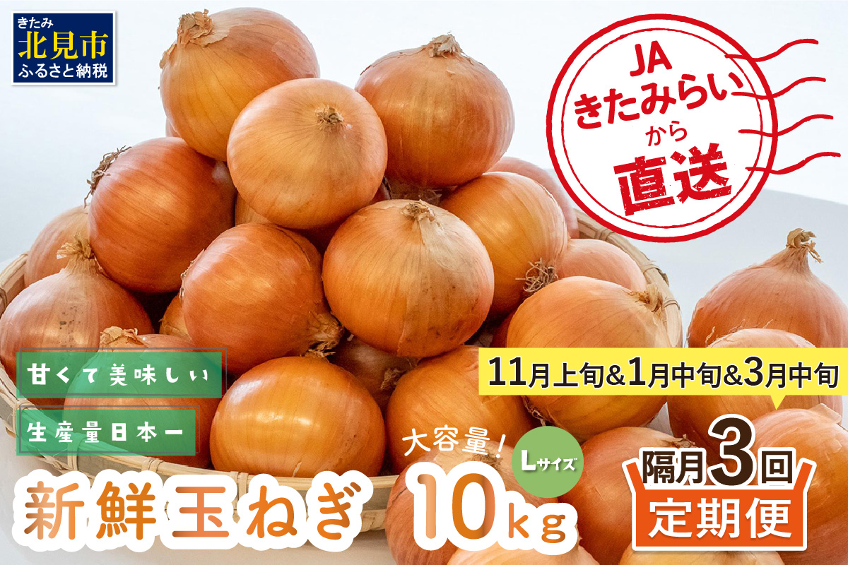 ☆L玉隔月定期便(11月・1月・3月)☆JAきたみらいから直送する新鮮玉ねぎ 10kg(L)×3回 ( 野菜 定期便 玉葱 たまねぎ )【999-0014-2025】