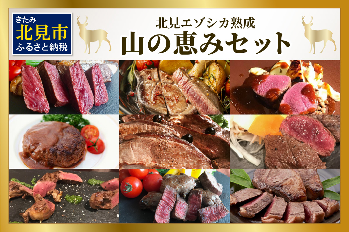 北見エゾシカ 熟成肉山の恵みセット ( 肉類 肉 国産 鹿肉 熟成 セット 詰め合わせ 骨付き ロース しんたま 内もも ステーキカット肉 ハバキカット ハツ ヒレ ステーキ用スライス )【025-0050】