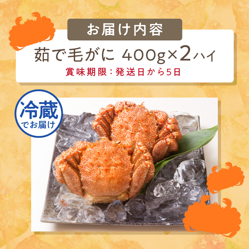 【予約：2026年3月下旬から順次発送】【旬の浜ゆで毛ガニを冷蔵便で】オホーツク海産 浜茹で海明け毛がに 約400g×2ハイ 冷蔵 ( かに 蟹 魚介類 海鮮 )【114-0029-2026】