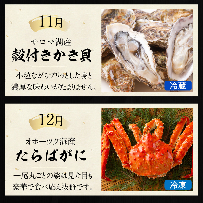 【全7回定期便】オホーツク海・サロマ湖で水揚げされた「旬」の魚介が届く！わくわく定期便 ( ウニ 毛ガニ 甲羅盛り ほたて ホタテ 真ほっけ 海鮮丼 カキ たらばがに 定期便 魚介 北の味覚 )【999-0197】