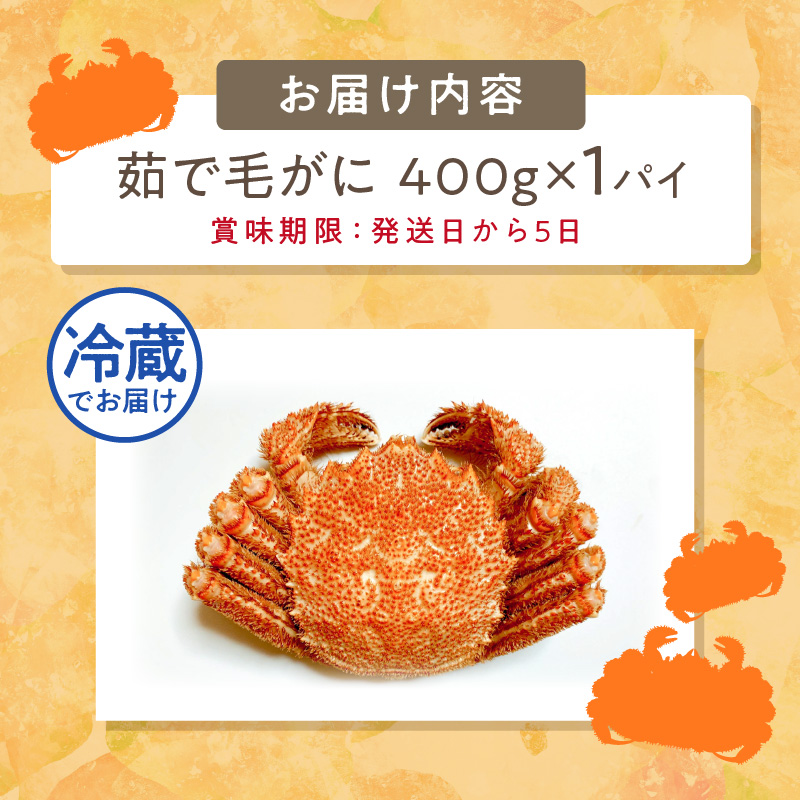 【予約：2026年3月下旬から順次発送】【旬の浜ゆで毛ガニを冷蔵便で】オホーツク海産 浜茹で海明け毛がに 約400g×1パイ 冷蔵 ( かに 蟹 魚介類 海鮮 )【114-0017-2026】