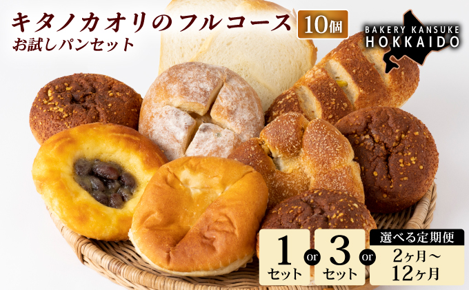 【定期便・全11回】【まずはお試し！】キタノカオリのフルコースお試しパンセット (計10個) 1セット×11回 ｜プレミアム小麦キタノカオリ100％ パン ぱん 食パン パン屋 自家製 朝食 おやつ 冷凍 北海道 岩見沢