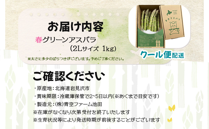 【先行予約／令和8年産】北海道岩見沢産　春グリーンアスパラ　2Lサイズ 1kg【41103】