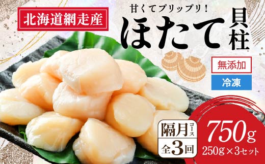 【全3回（隔月）】網走前浜産 無添加ホタテ貝柱750g（250g×3袋） ABAI034