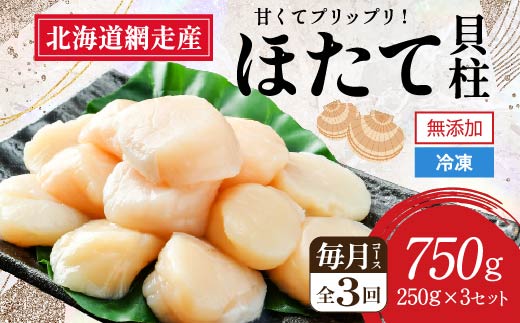 【全3回（毎月）】網走前浜産 無添加ホタテ貝柱750g（250g×3袋） ABAI033