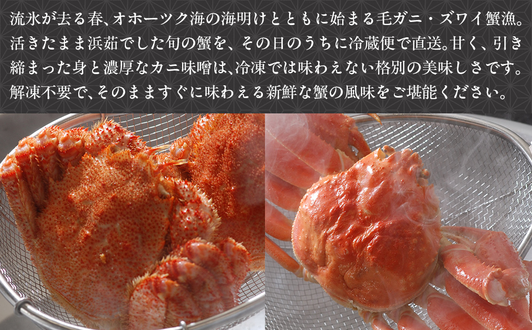 【先行予約】茹で毛蟹・茹でズワイ蟹2尾で約1.5kg冷蔵便届け（2026年4月下旬より順次発送） ABAO114 