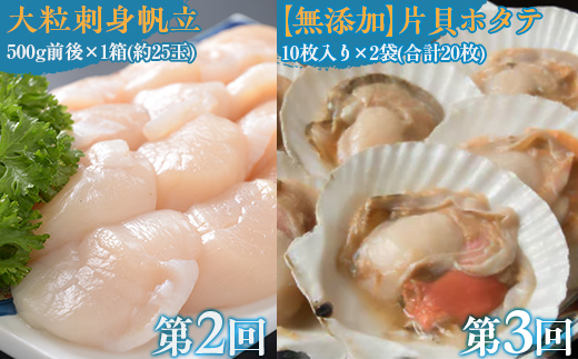 【毎月定期便】網走厳選の海鮮グルメ定期便(バフン雲丹とイクラ醤油漬け・刺身帆立・片貝ホタテ)全3回 ABAO093