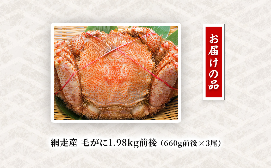 網走産 毛がに1.98kg前後（660g前後×3尾） ABW110