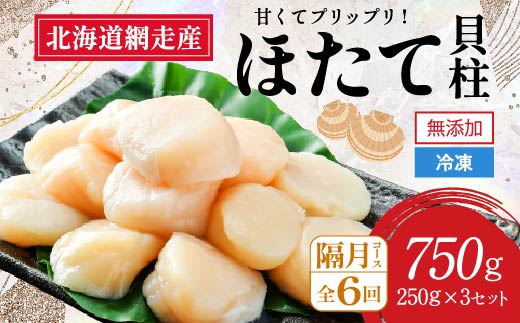 【全6回（隔月）】網走前浜産 無添加ホタテ貝柱750g（250g×3袋） ABAI036